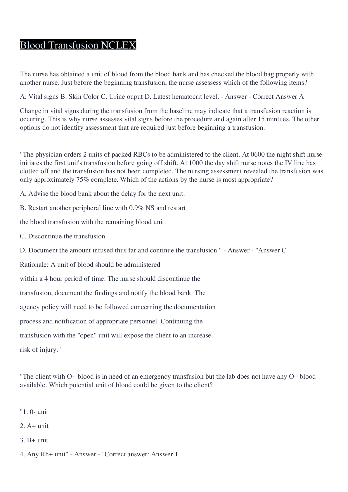 Preview image for Blood Transfusion NCLEX Questions And Answers 2022/2023